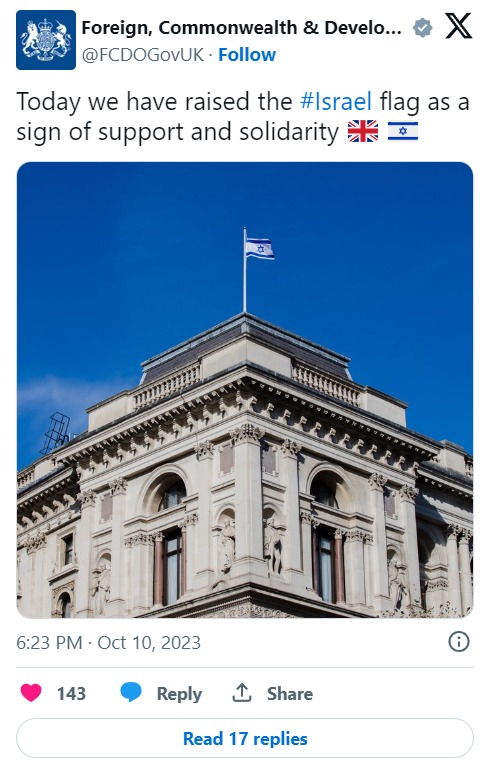 Israeli flag flies at UK foreign ministry