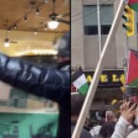 Protesters wave Palestinian flags outside of Cafe Landwer at University Avenue and Adelaide Street in Toronto Saturday, Oct. 21, 2023. 